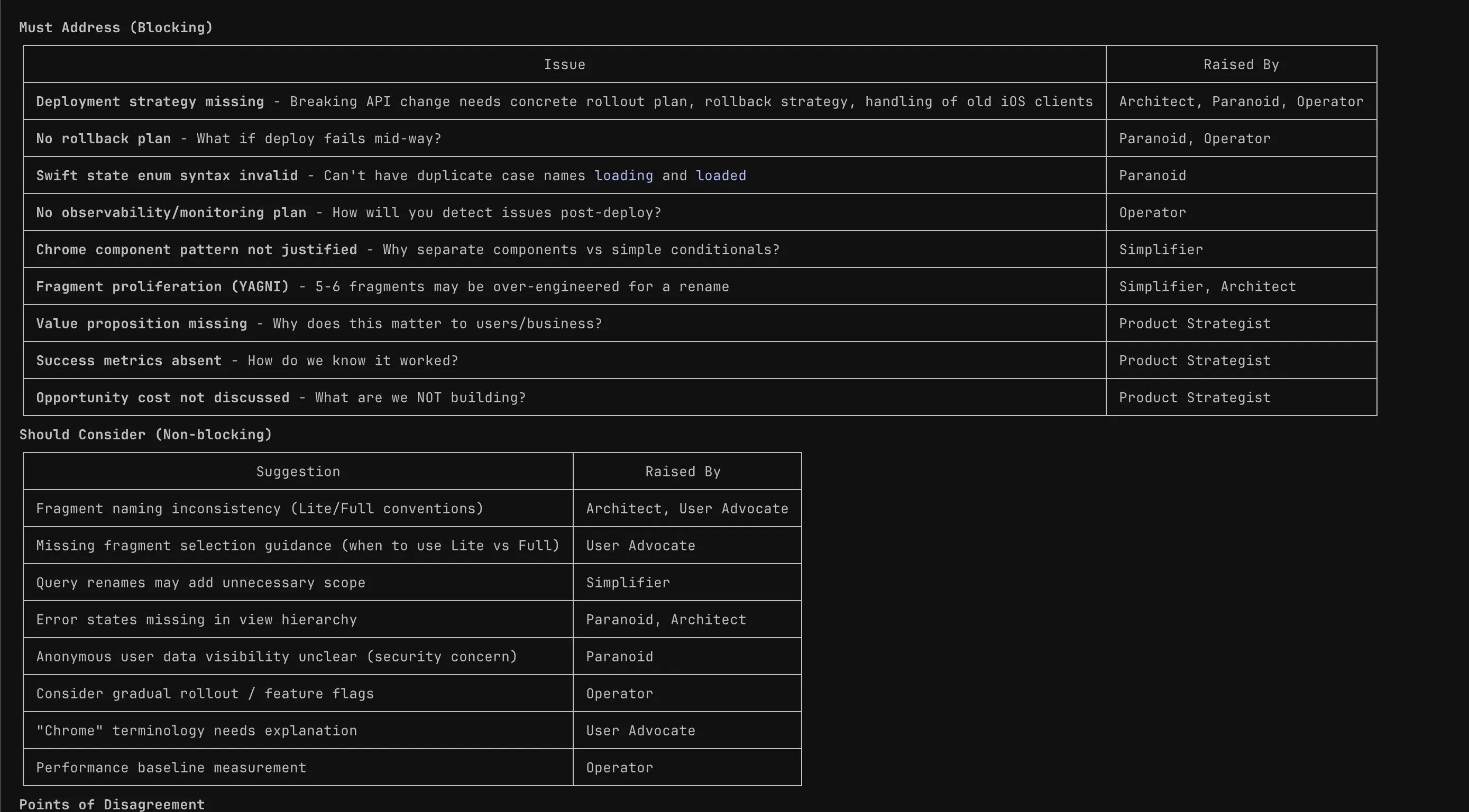 Screenshot showing categorized spec review feedback with 'Must Address (Blocking)' and 'Should Consider (Non-blocking)' sections